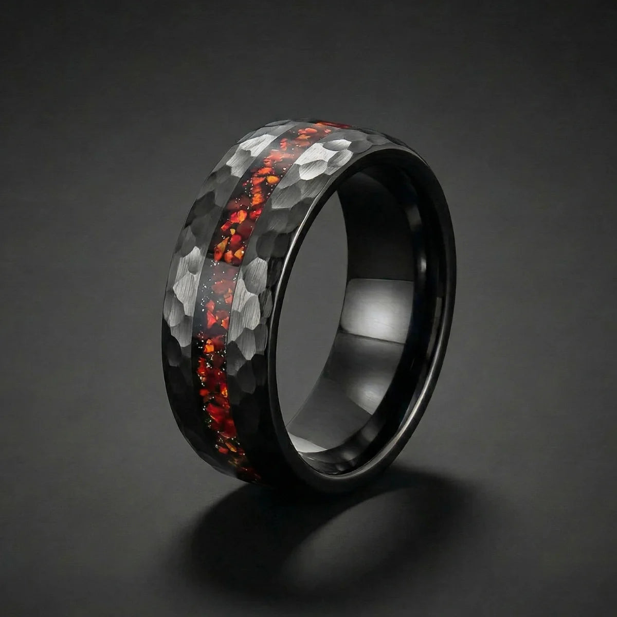 8mm Black Hammered Tungsten Ring with red opal inlay
