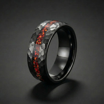 8mm Black Hammered Tungsten Ring with red opal inlay