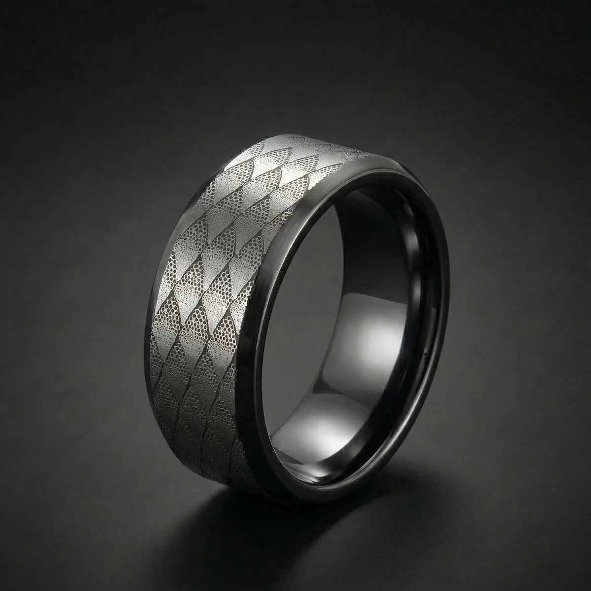 8mm Black Snake Scale Tungsten Ring Laser Engraved Texture