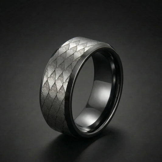8mm Black Snake Scale Tungsten Ring Laser Engraved Texture