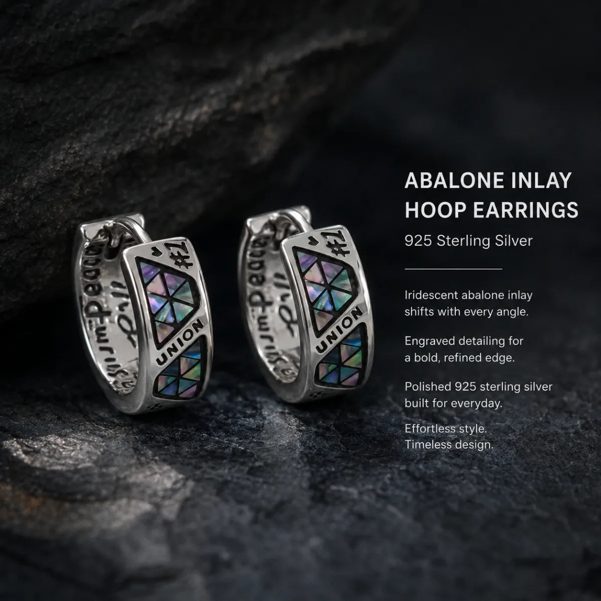 925 Silver Abalone Inlay Hoop Earrings Displayed on Stone Surface