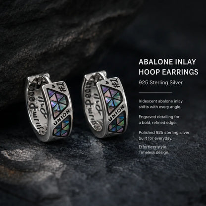 925 Silver Abalone Inlay Hoop Earrings Displayed on Stone Surface