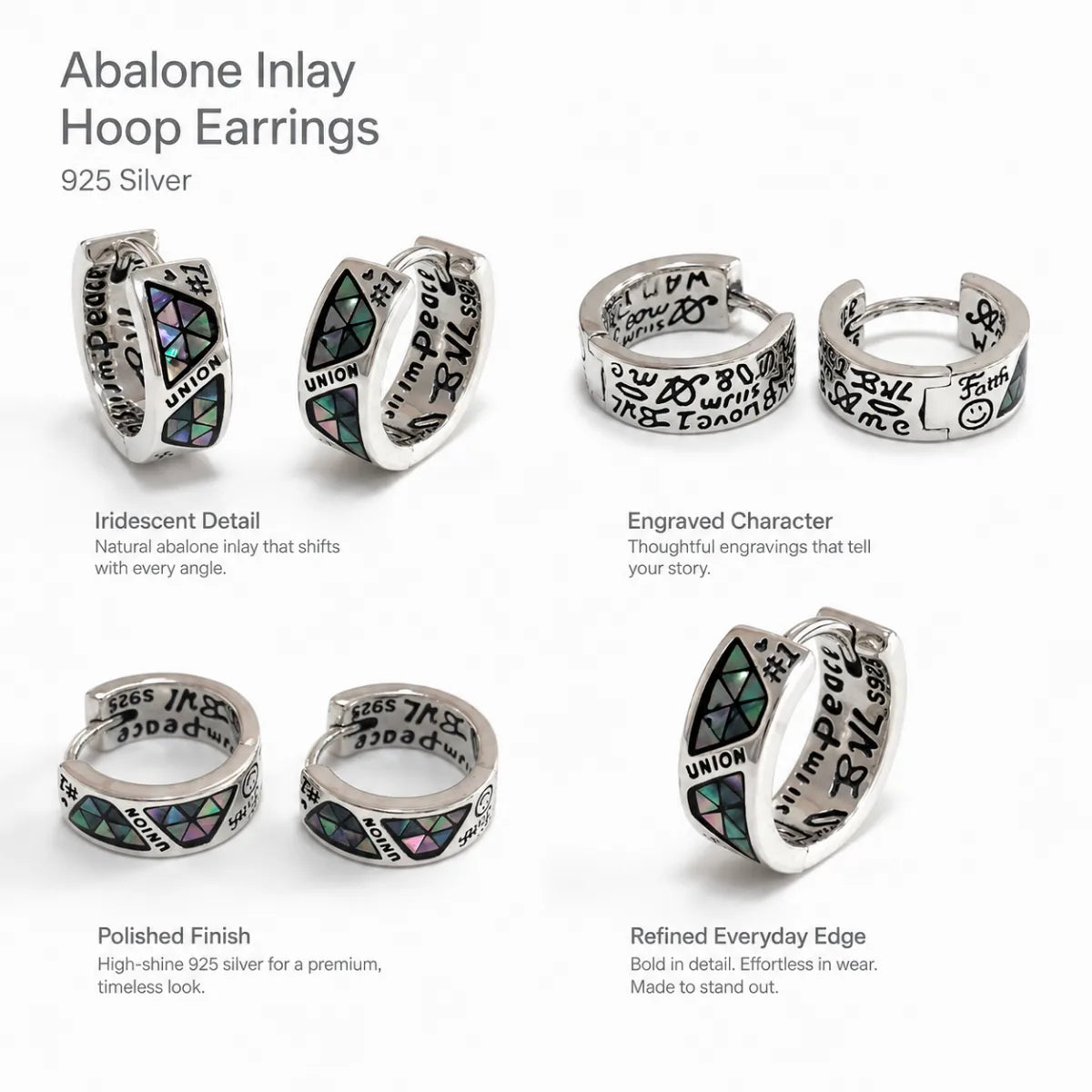 925 Silver Abalone Inlay Hoop Earrings Multi Angle Product Feature Showcase