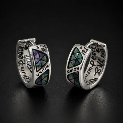 925 Silver Abalone Inlay Hoop Earrings Pair Front View Black Background