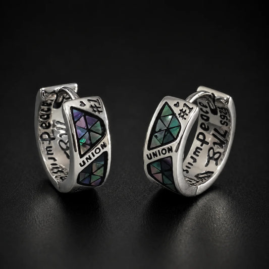 925 Silver Abalone Inlay Hoop Earrings Pair Front View Black Background