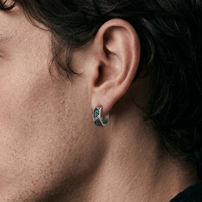 925 Silver Abalone Inlay Hoop Earrings Worn by Male Model Ear Close Up