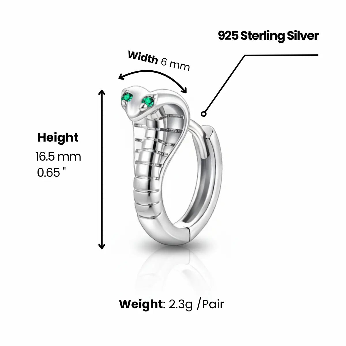 25 Silver Emerald Cobra Hoop Earrings Dimensions and Weight