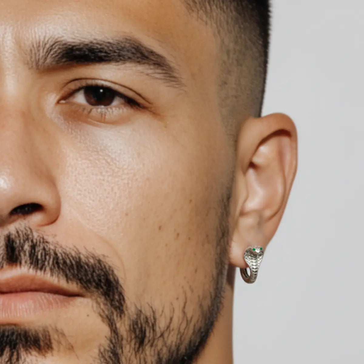 925 Silver Emerald Cobra Hoop Earrings Worn by Male Model