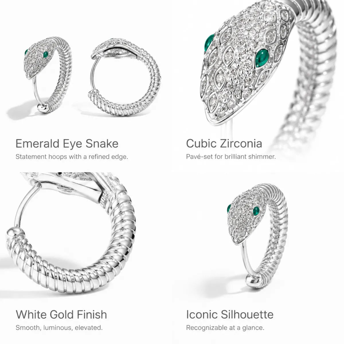 925 Silver Emerald Eye Snake Hoop Earrings Details and Features Infographic