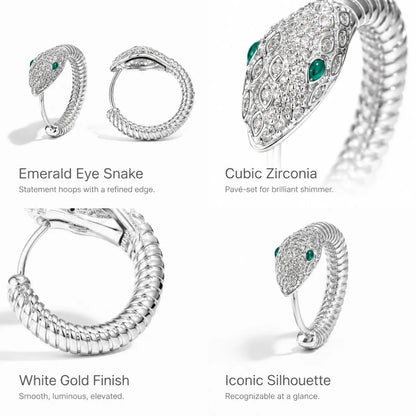 925 Silver Emerald Eye Snake Hoop Earrings Details and Features Infographic