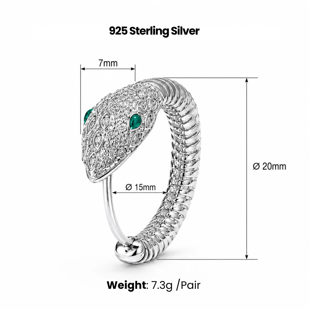 925 Silver Emerald Eye Snake Hoop Earrings Dimensions and Weight Infographic