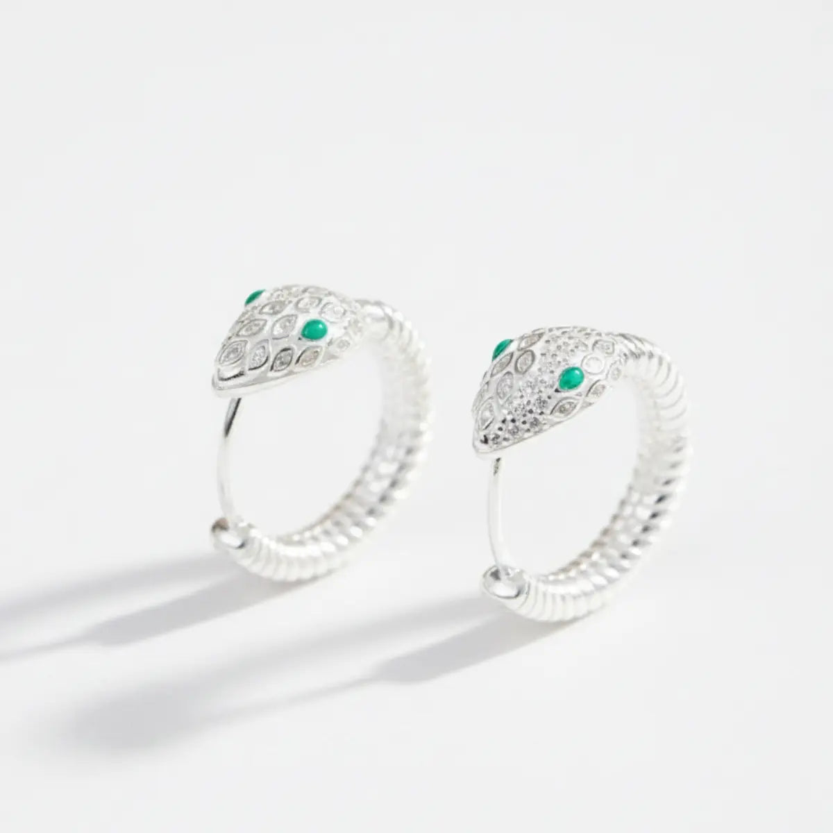 925 Silver Emerald Eye Snake Hoop Earrings Front