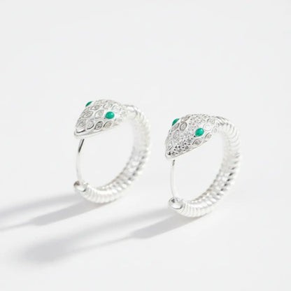 925 Silver Emerald Eye Snake Hoop Earrings Front