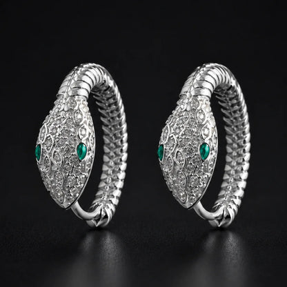 925 Silver Emerald Eye Snake Hoop Earrings Pair Close Up Black Background
