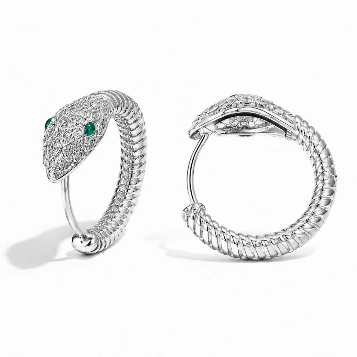925 Silver Emerald Eye Snake Hoop Earrings Pair Front and Side View White Background