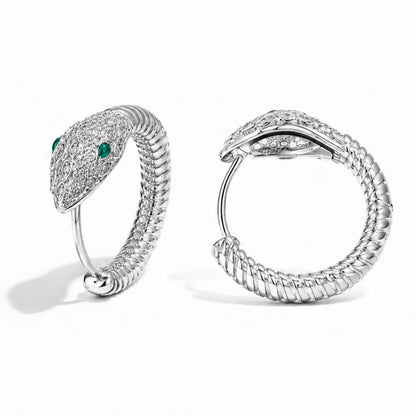 925 Silver Emerald Eye Snake Hoop Earrings Pair Front and Side View White Background