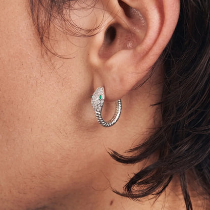 925 Silver Emerald Eye Snake Hoop Earrings Side Profile Worn by Male Model