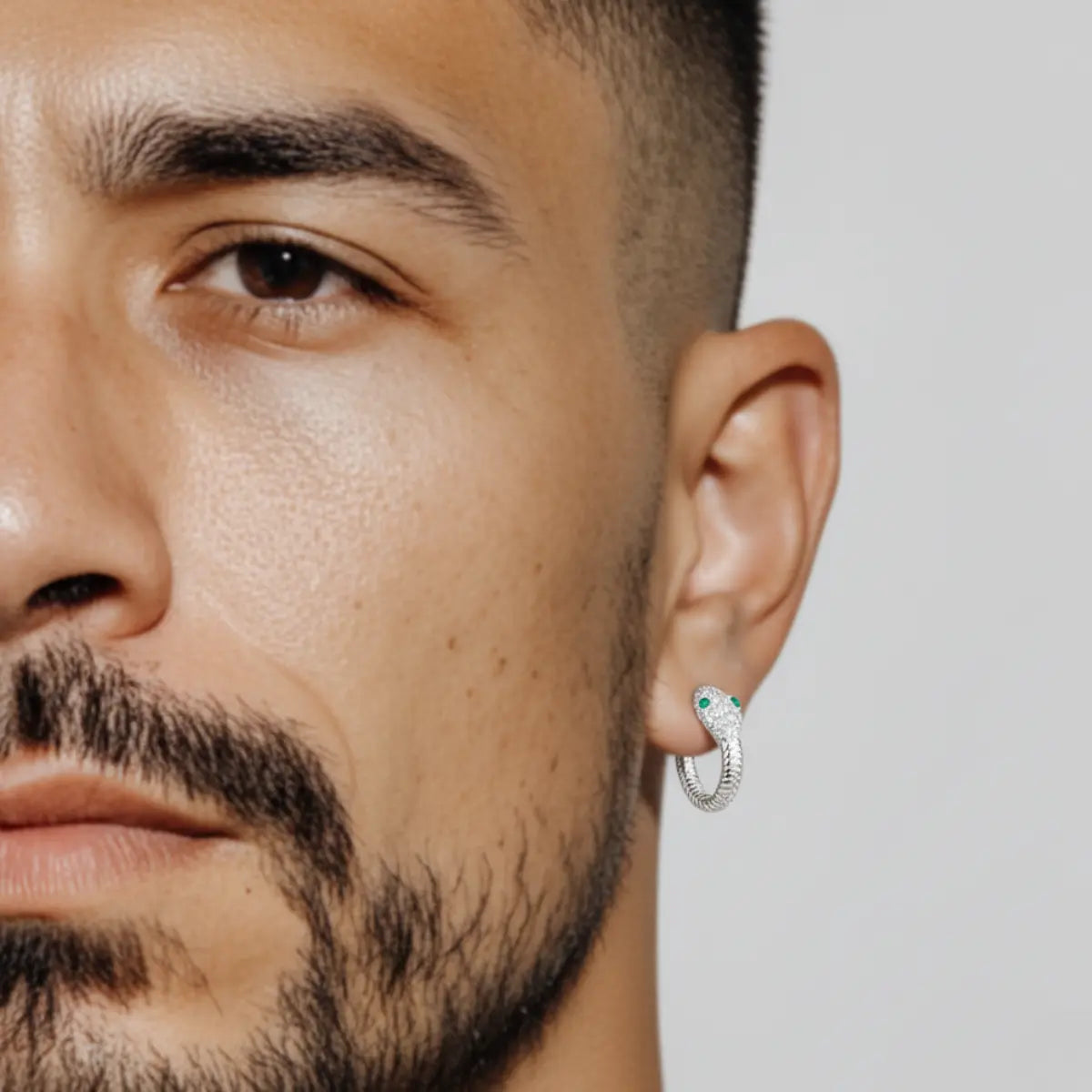 925 Silver Emerald Eye Snake Hoop Earrings Worn by Male Model