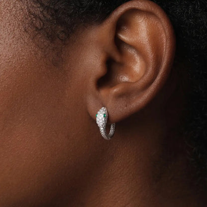 925 Silver Emerald Eye Snake Hoop Earrings Worn by Model Close Up
