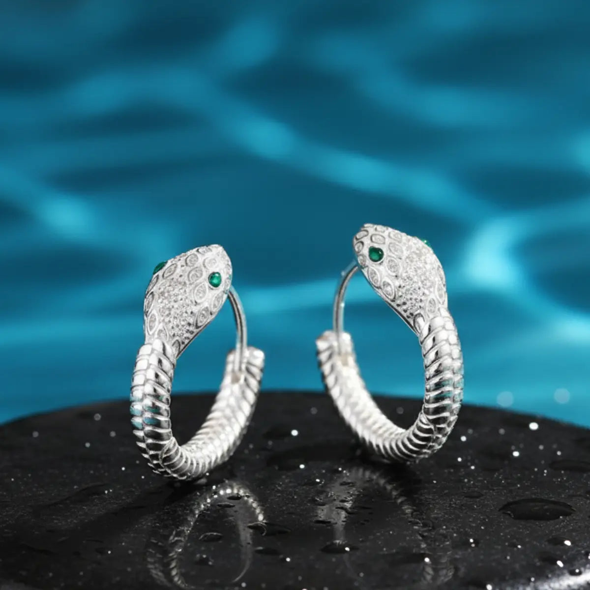 925 Silver Emerald Eye Snake Hoop Earrings