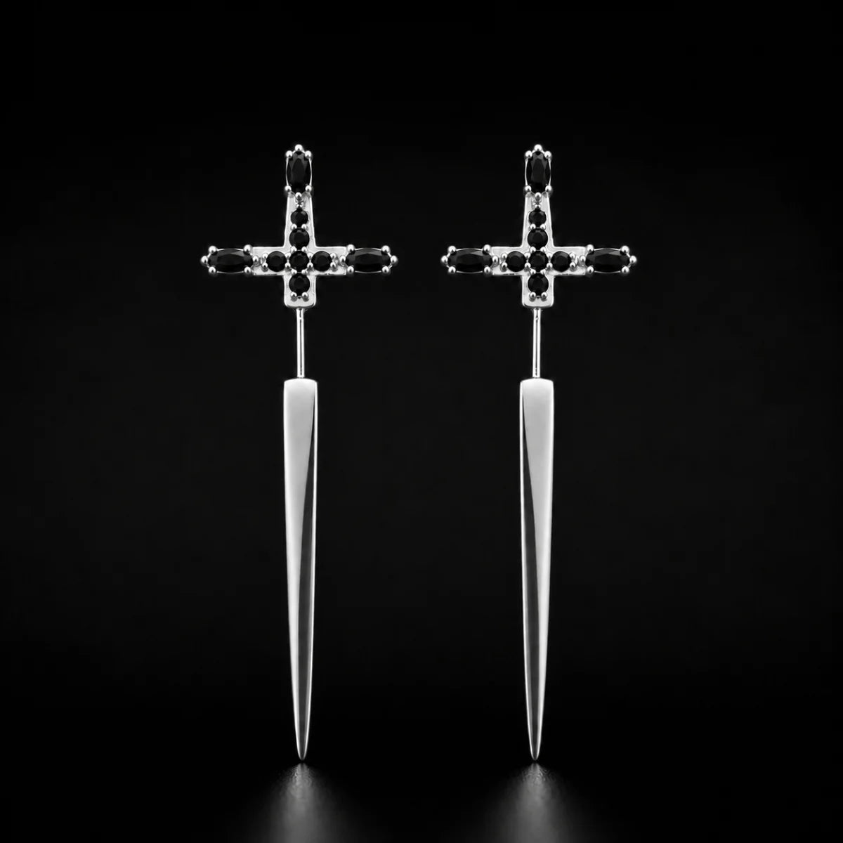925 Silver Sword Earrings Pair Close Up Black Background