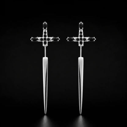 925 Silver Sword Earrings Pair Close Up Black Background