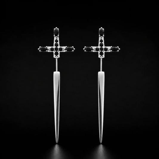 925 Silver Sword Earrings Pair Close Up Black Background