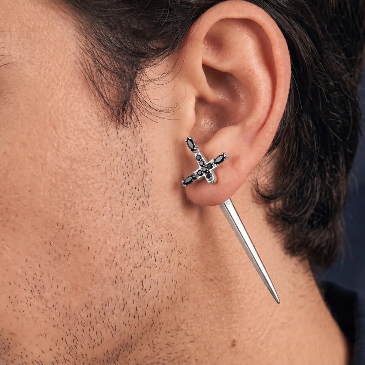925 Silver Sword Earrings Worn by Male Model