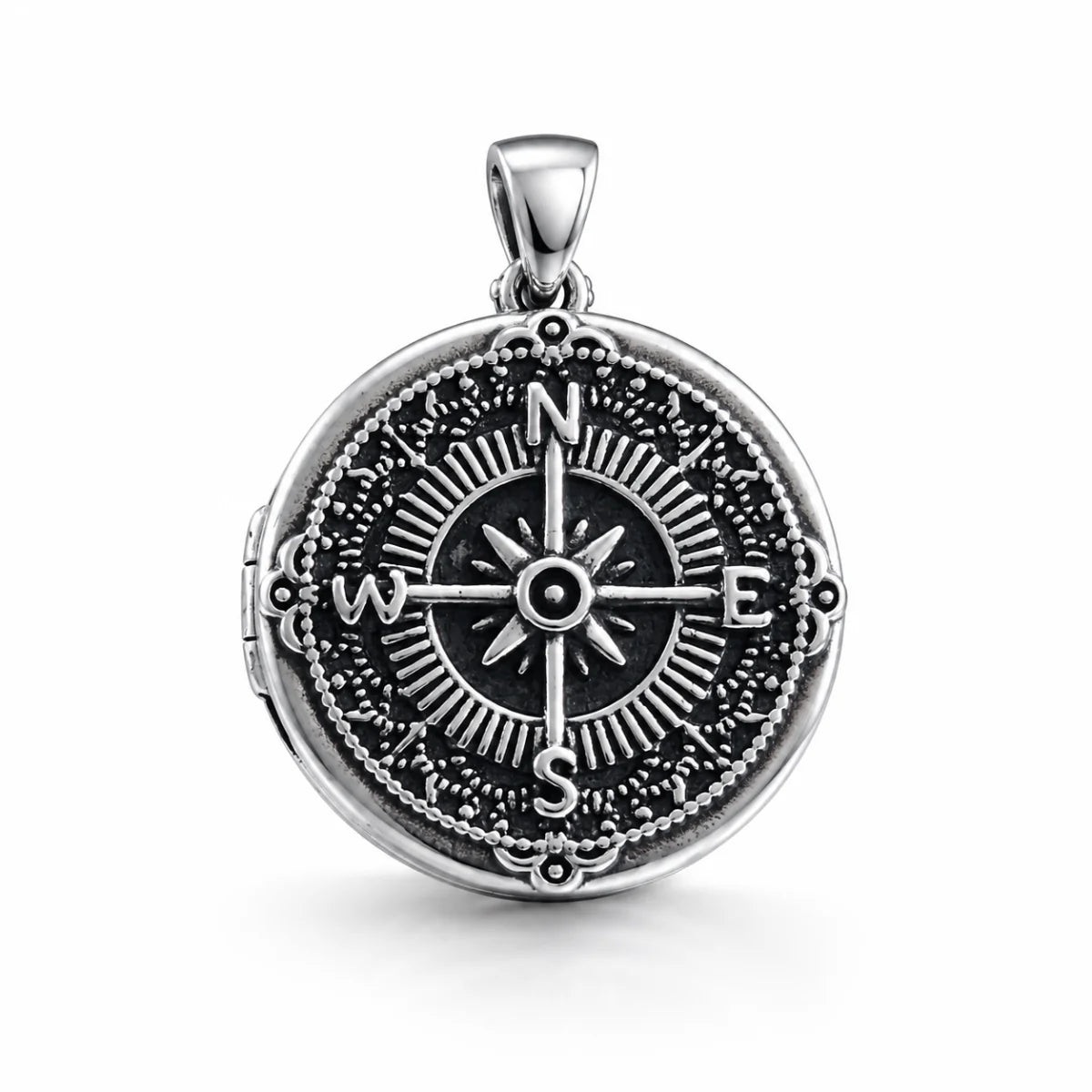 925 Silver Vintage Compass Photo Locket Necklace Front View White Background