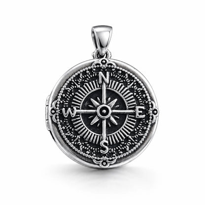 925 Silver Vintage Compass Photo Locket Necklace Front View White Background