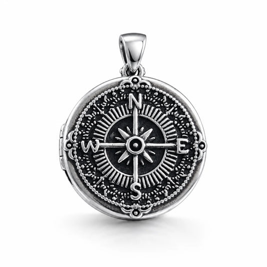 925 Silver Vintage Compass Photo Locket Necklace Front View White Background