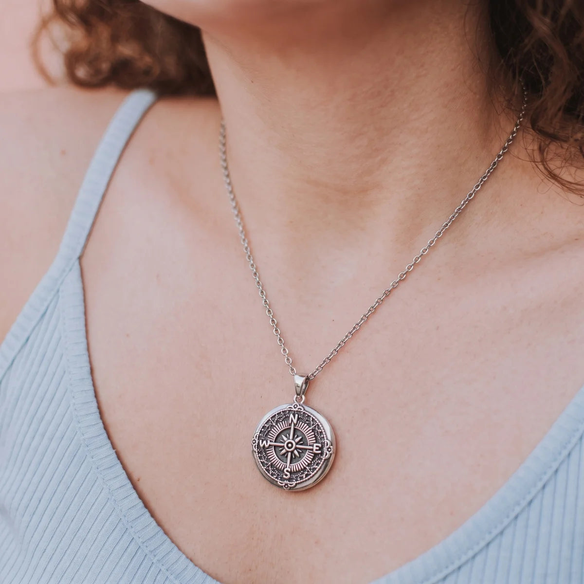 925 Silver Vintage Compass Photo Locket Necklace Worn by Model