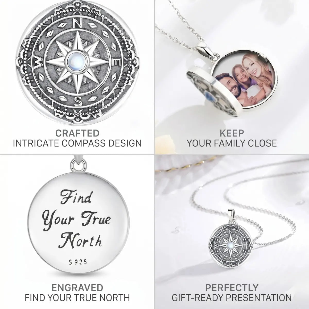925 Sterling Silver Moonstone Compass Photo Locket Design Features Engraved Message Meaningful Jewelry