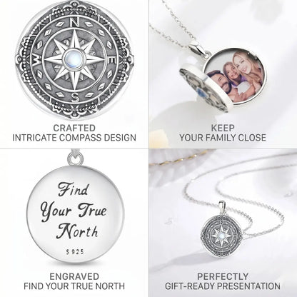925 Sterling Silver Moonstone Compass Photo Locket Design Features Engraved Message Meaningful Jewelry