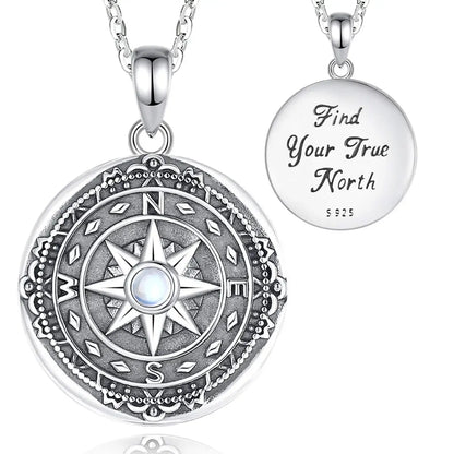 925 Sterling Silver Moonstone Compass Photo Locket Necklace 18 Inch Chain Wanderlust Jewelry