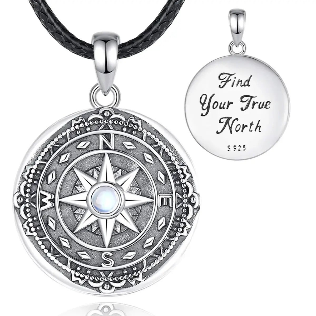 925 Sterling Silver Moonstone Compass Photo Locket Necklace 24 Inch Rope Nautical Jewelry