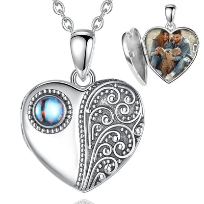 925 Sterling Silver Moonstone Heart Photo Locket Necklace 18 Inch Chain Personalized Jewelry
