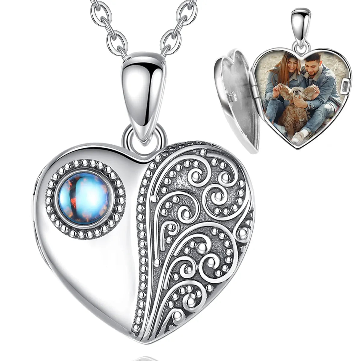 925 Sterling Silver Moonstone Heart Photo Locket Necklace 20 Inch Chain Memorial Jewelry
