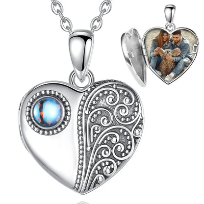 925 Sterling Silver Moonstone Heart Photo Locket Necklace 20 Inch Chain Memorial Jewelry