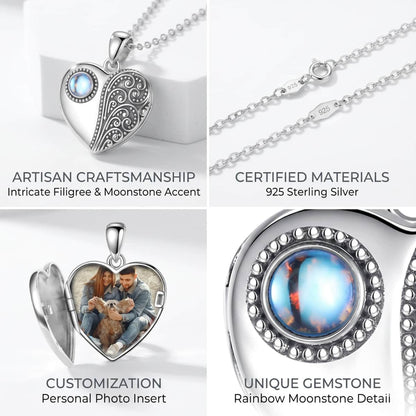925 Sterling Silver Moonstone Heart Photo Locket Vintage Filigree Design Romantic Jewelry