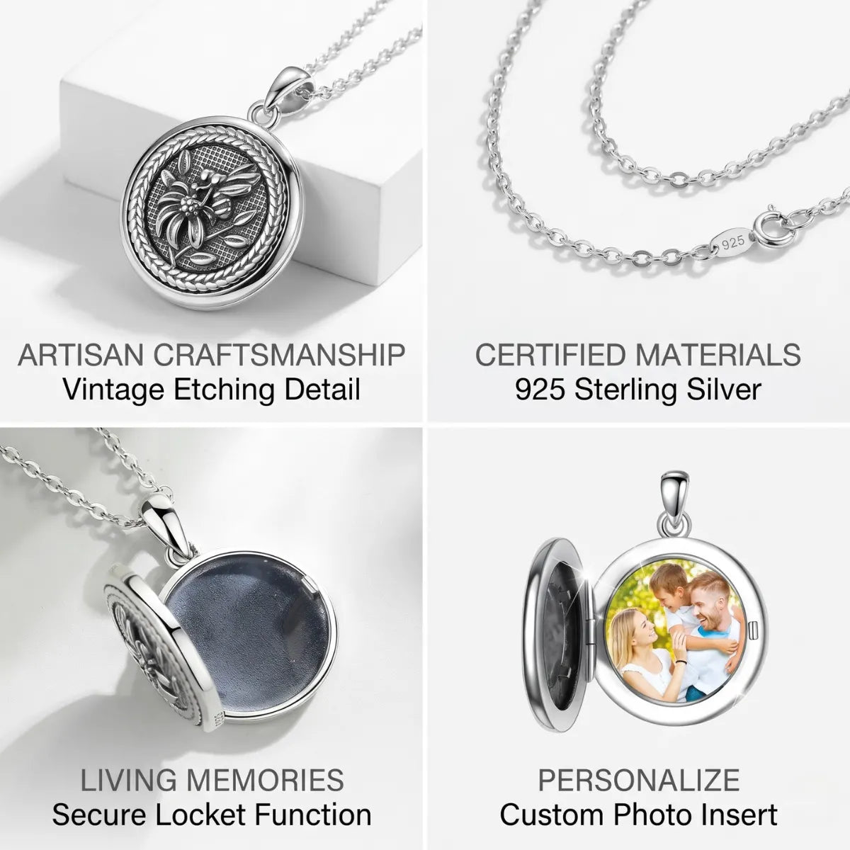 925 Sterling Silver Vintage Bee Photo Locket Design Features Artisan Etching Romantic Jewelry