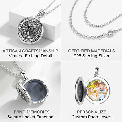 925 Sterling Silver Vintage Bee Photo Locket Design Features Artisan Etching Romantic Jewelry