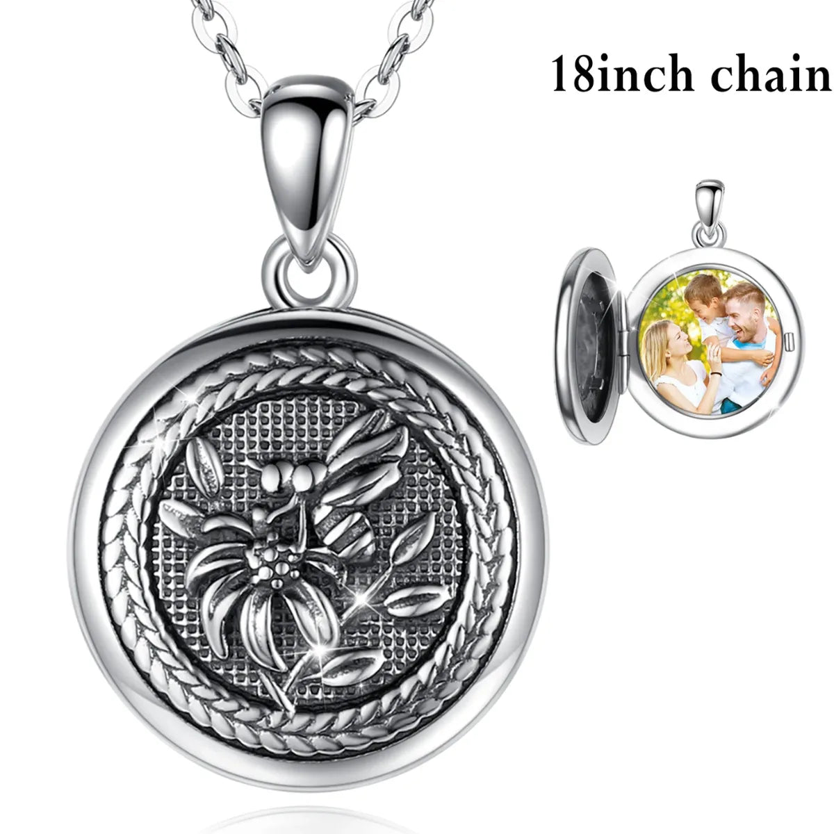 925 Sterling Silver Vintage Bee Photo Locket Necklace 18 Inch Chain Personalized Jewelry