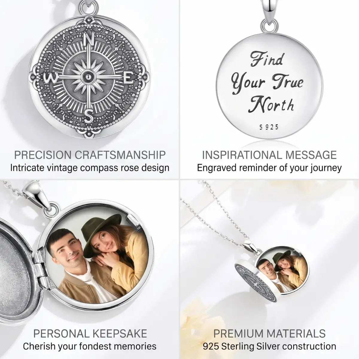 925 Sterling Silver Vintage Compass Photo Locket Design Features Engraved Message Personalized Jewelry