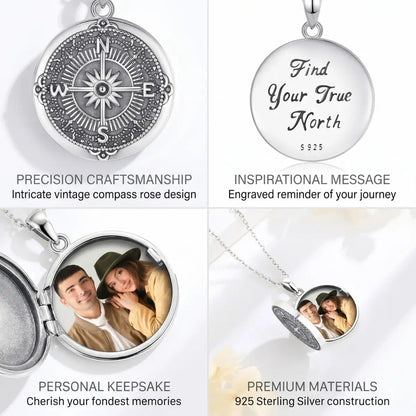925 Sterling Silver Vintage Compass Photo Locket Design Features Engraved Message Personalized Jewelry