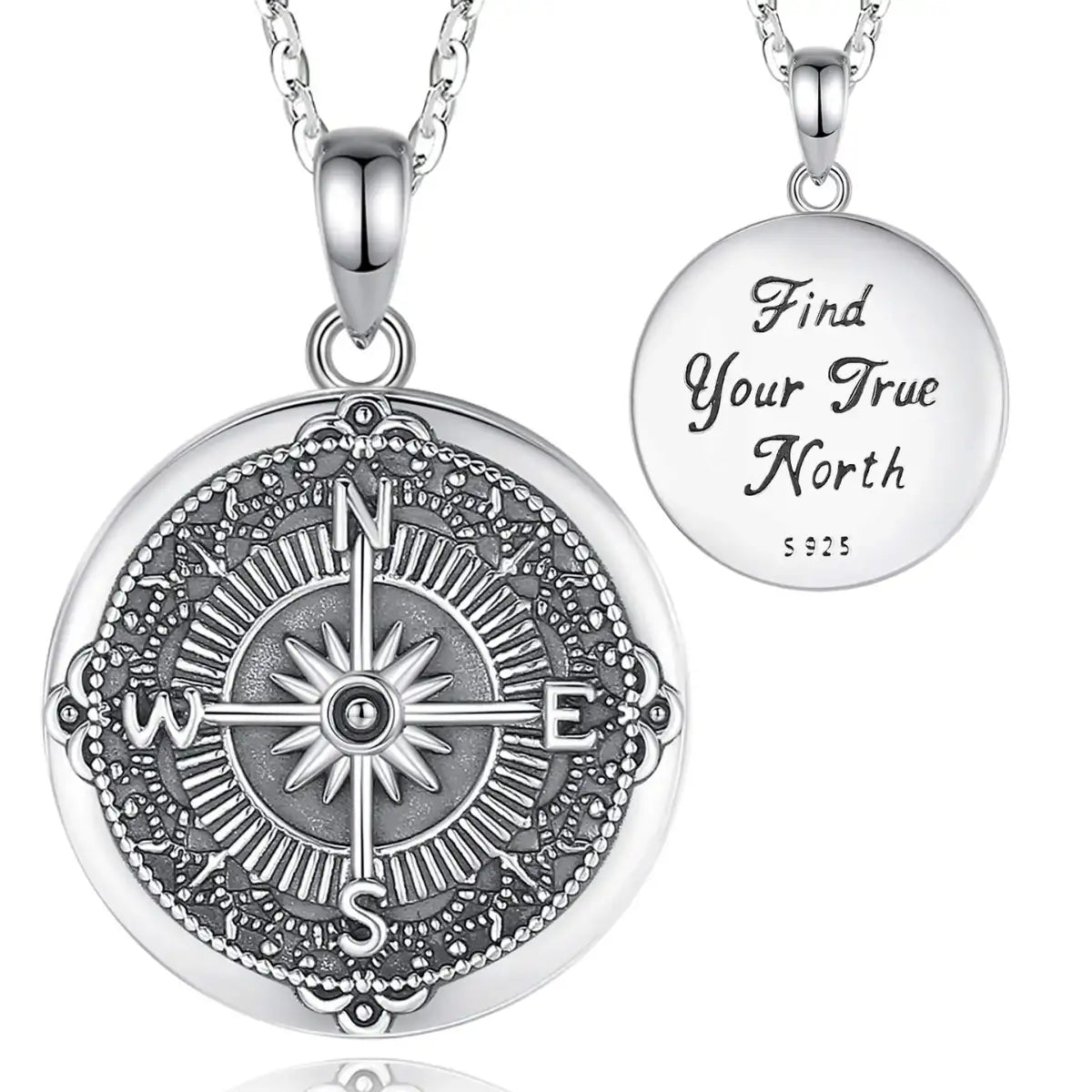 925 Sterling Silver Vintage Compass Photo Locket Necklace 18 Inch Chain Wanderlust Jewelry