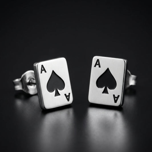 Ace Earrings Silver Pair Close Up Black Background