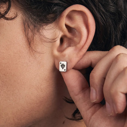 Ace Earrings Silver Worn by Model Close Up