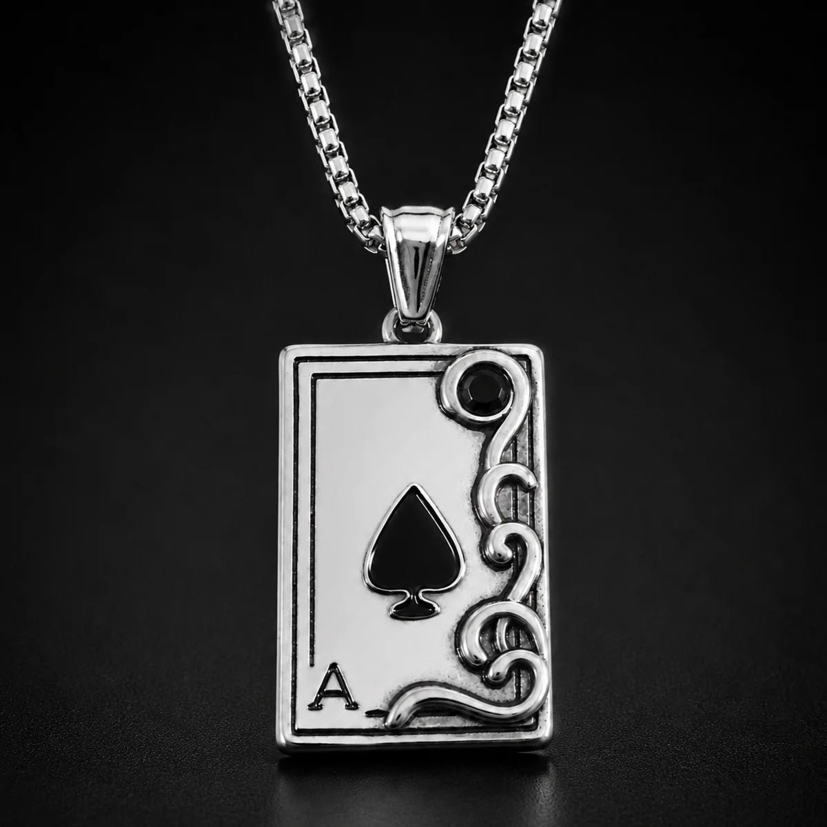Ace of Spades Necklace Silver Close Up Black Background