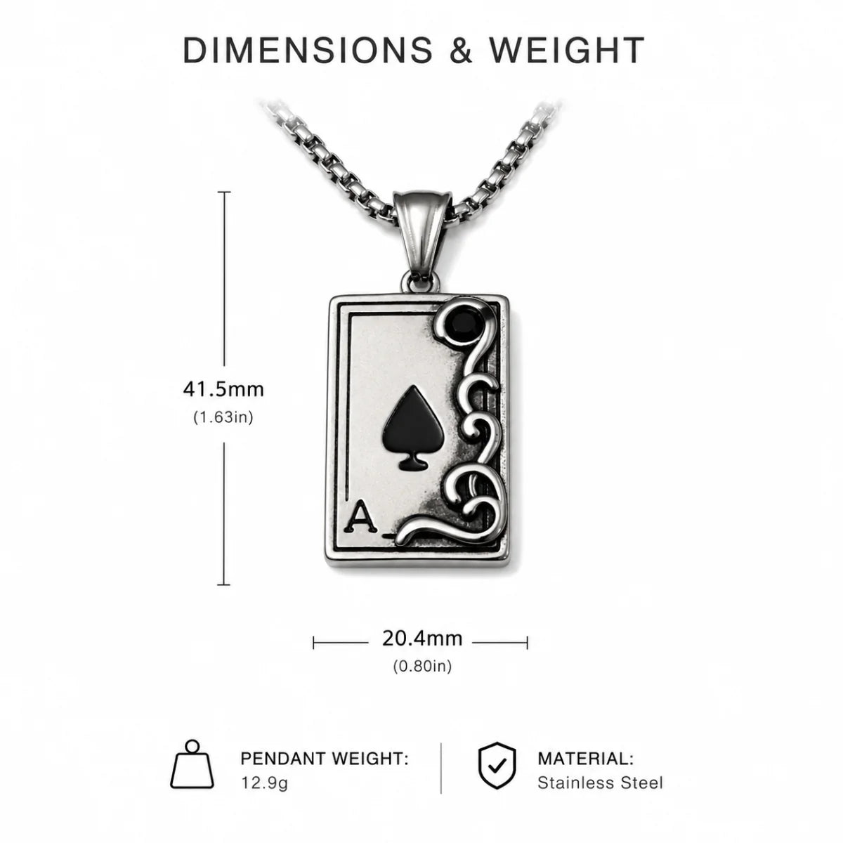 Ace of Spades Necklace Silver Dimension Diagram 47.7mm 1.88inch and 24.3mm 0.96inch 24.2g 0.85oz